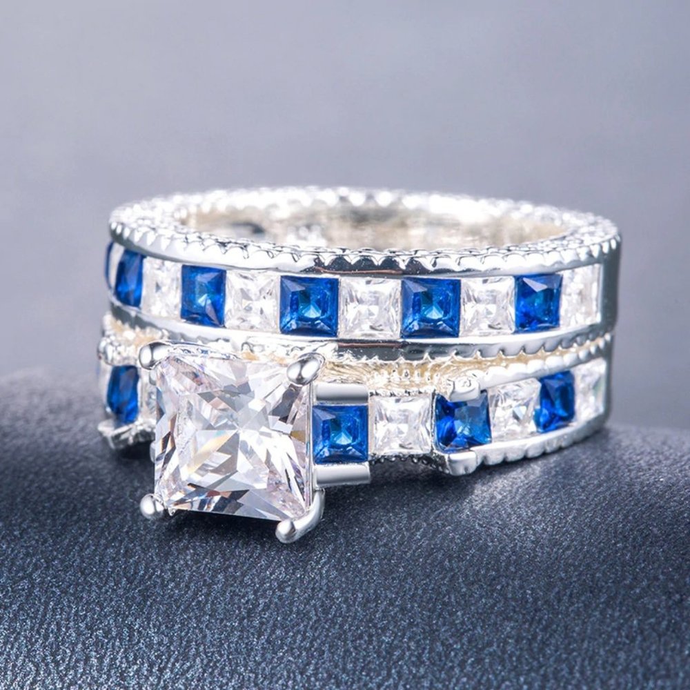 NEW 925 Sterling Silver Princess Cut Sapphire Ring - Picture 10 of 13